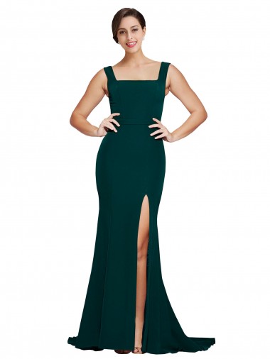 Cheap Fitted Square Neck Long Crepe Prom Dress with Train and Side Split