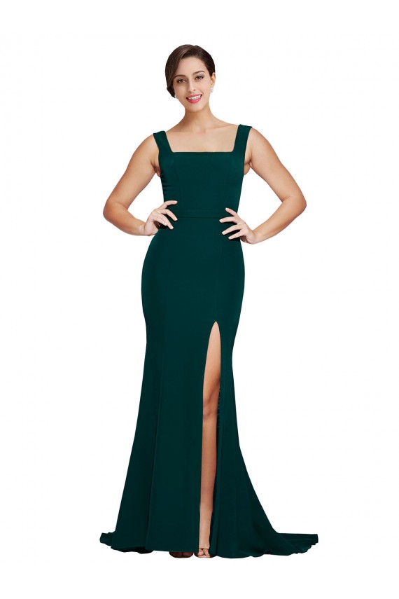 Cheap Fitted Square Neck Long Crepe Prom Dress with Train and Side Split