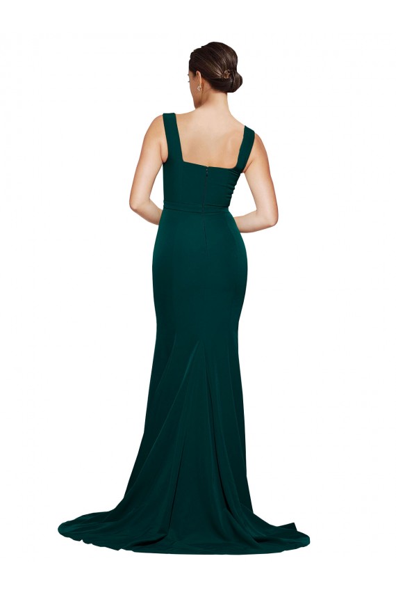 Cheap Fitted Square Neck Long Crepe Prom Dress with Train and Side Split