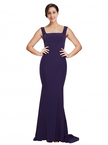 Cheap Square Neck Long Sweep Train Crepe Prom Dress with Thick Straps