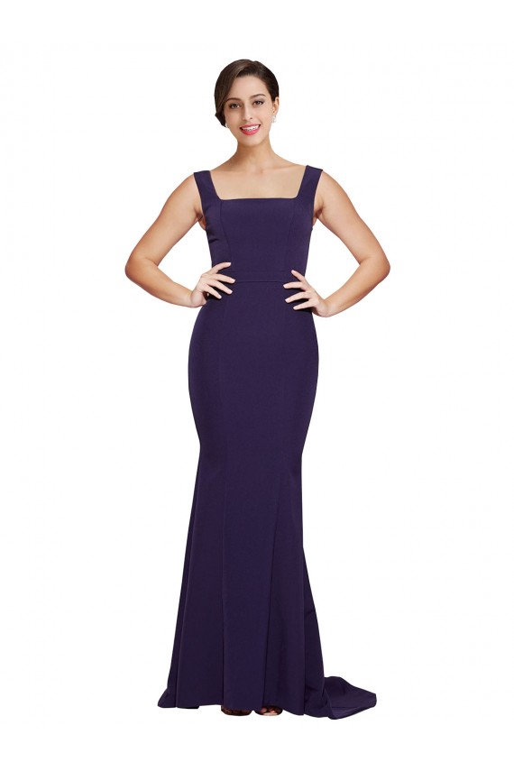 Cheap Square Neck Long Sweep Train Crepe Prom Dress with Thick Straps