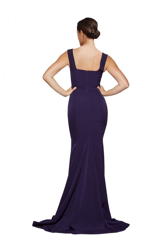 Cheap Square Neck Long Sweep Train Crepe Prom Dress with Thick Straps