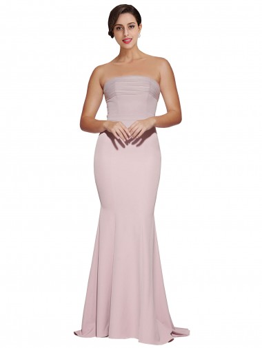 Cheap Straight Neck Long Strapless Crepe Prom Dress with Soft Tulle Overlay and Small Train