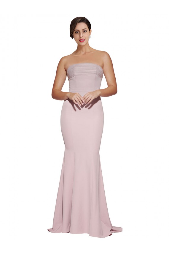 Cheap Straight Neck Long Strapless Crepe Prom Dress with Soft Tulle Overlay and Small Train