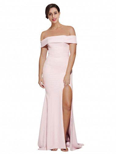 Cheap Off Shoulder Long Crepe Prom Dress with Straight Neckline and Side Split