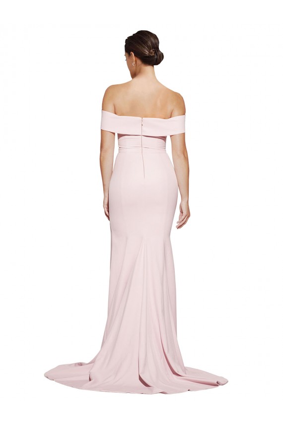 Cheap Off Shoulder Long Crepe Prom Dress with Straight Neckline and Side Split