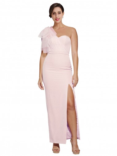 Cheap One Shoulder Tulle Overlay Sweetheart Neckline Long Crepe Prom Dress with Thigh Split