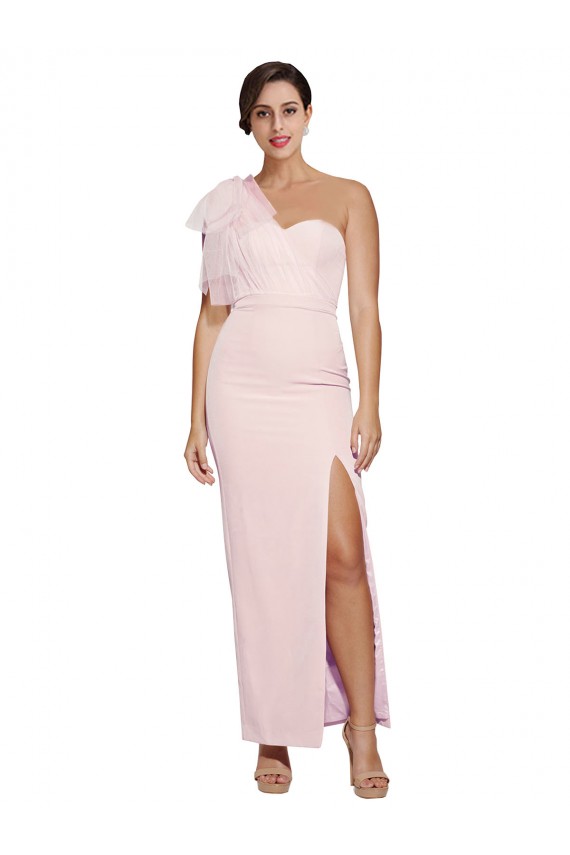 Cheap One Shoulder Tulle Overlay Sweetheart Neckline Long Crepe Prom Dress with Thigh Split