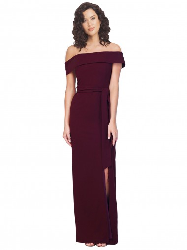 Cheap Fitted Full Length Off the Shoulder Crepe Prom Dress with Side Split and Waist Tie