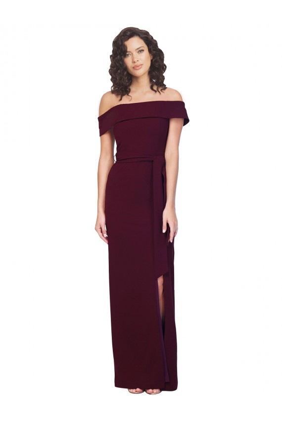 Cheap Fitted Full Length Off the Shoulder Crepe Prom Dress with Side Split and Waist Tie