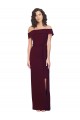 Cheap Fitted Full Length Off the Shoulder Crepe Prom Dress with Side Split and Waist Tie