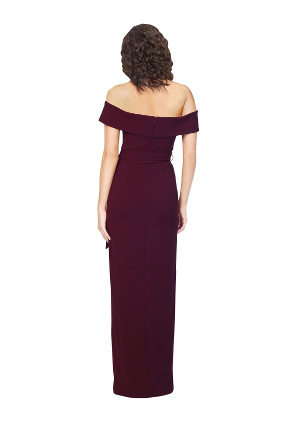 Cheap Fitted Full Length Off the Shoulder Crepe Prom Dress with Side Split and Waist Tie