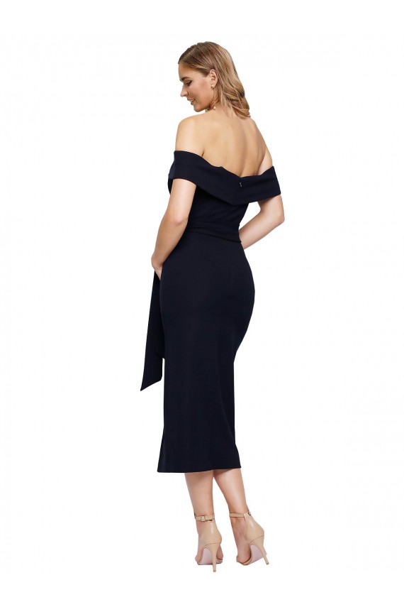 Cheap Fitted Short Midi Length Off the Shoulder Crepe Cocktail Prom Dress / Homecoming Dress with Side Split and Waist Tie