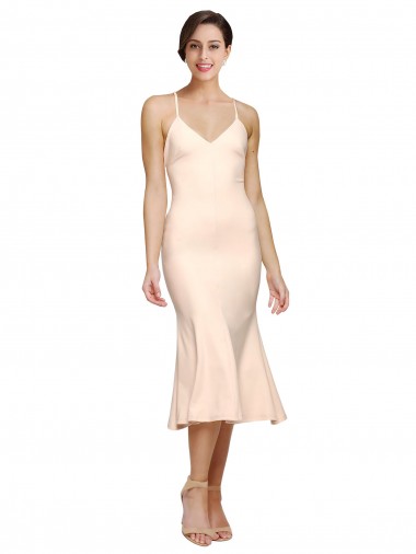 Cheap Midi Length V-Neckline Crepe Cocktail Prom Dress / Homecoming Dress with Thin Straps and Fulted Skirt