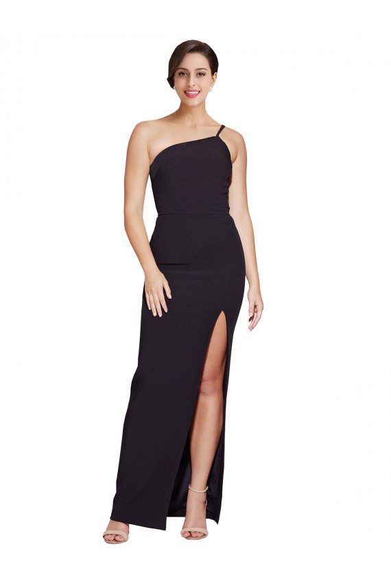 Cheap Long Floor Length Crepe Prom Dress with Side Split and One Strap