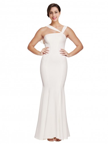 Cheap Full Length Square Neck Crepe Prom Dress with Asymmetrical Straps and Bow Back