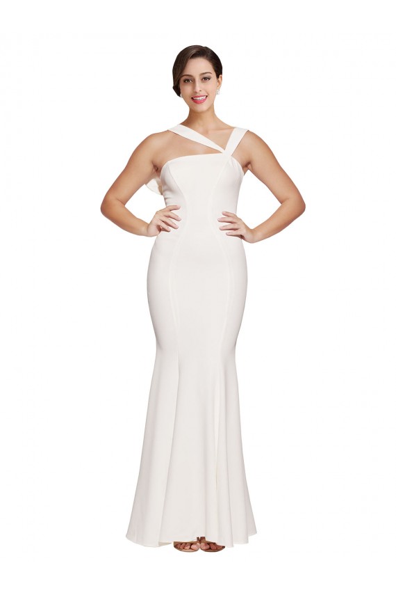 Cheap Full Length Square Neck Crepe Prom Dress with Asymmetrical Straps and Bow Back