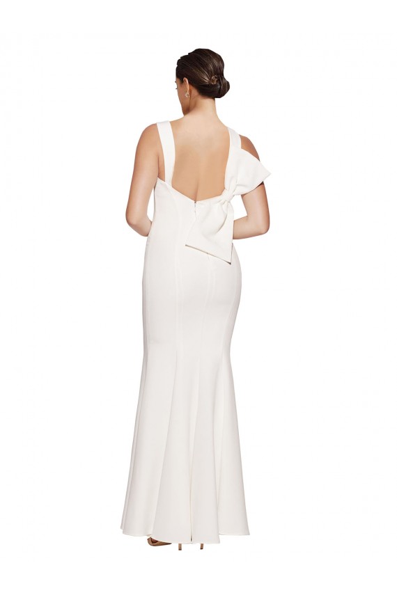 Cheap Full Length Square Neck Crepe Prom Dress with Asymmetrical Straps and Bow Back