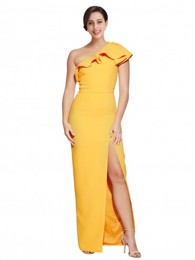 Cheap One Shoulder Floor Length Crepe Prom Dress with Thigh High Split