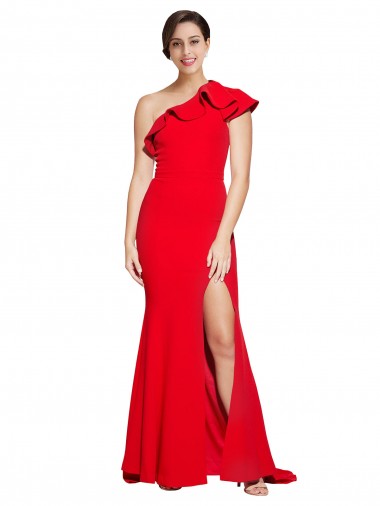 Cheap One Shoulder Long Sweep Train Crepe Prom Dress with Thigh High Split