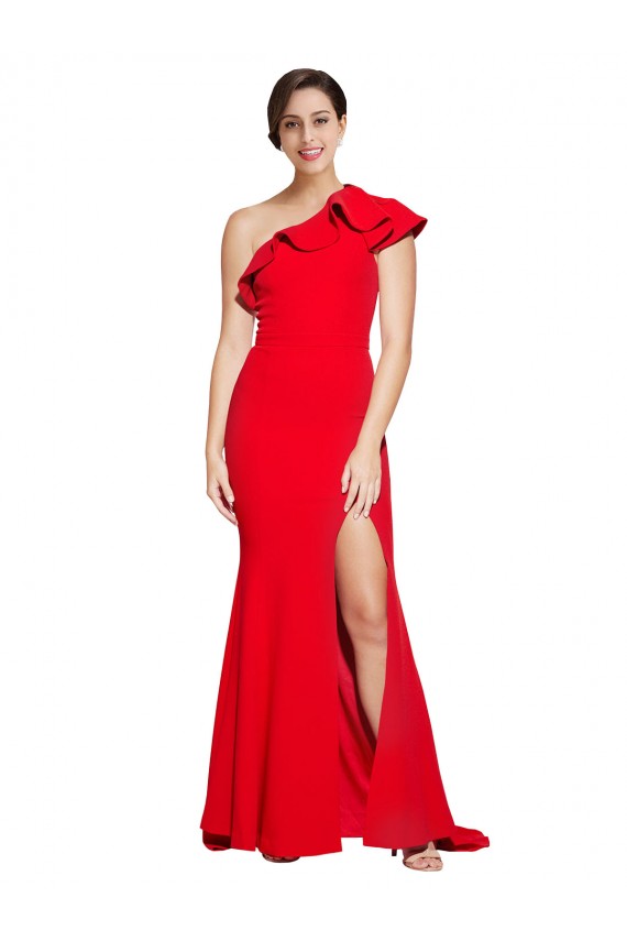 Cheap One Shoulder Long Sweep Train Crepe Prom Dress with Thigh High Split