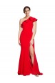 Cheap One Shoulder Long Sweep Train Crepe Prom Dress with Thigh High Split