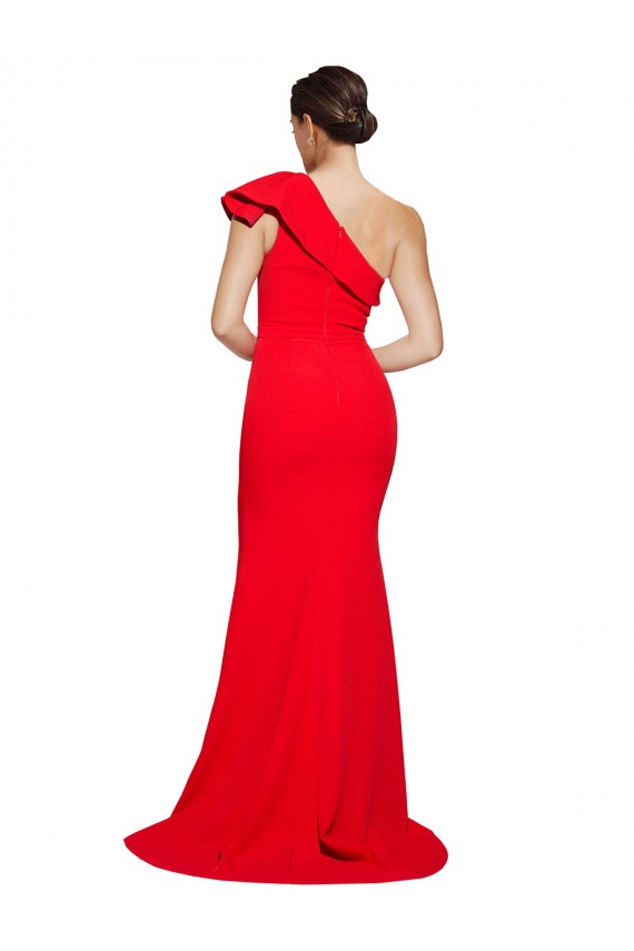 Cheap One Shoulder Long Sweep Train Crepe Prom Dress with Thigh High Split