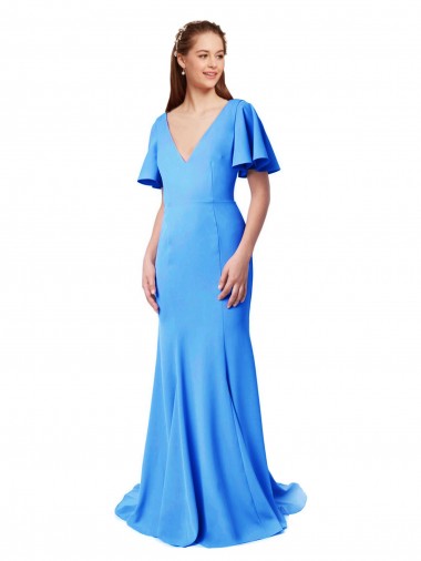 Cheap Short Sleeves Long V-Neck Crepe Prom Dress with V-Back