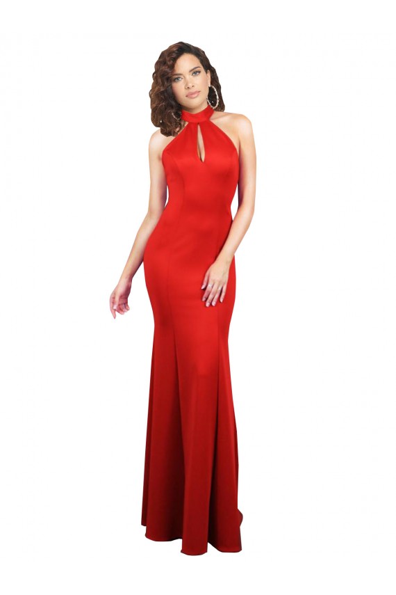 Cheap Halter Neck keyhole Front Back Long Stretch Satin Prom Dress