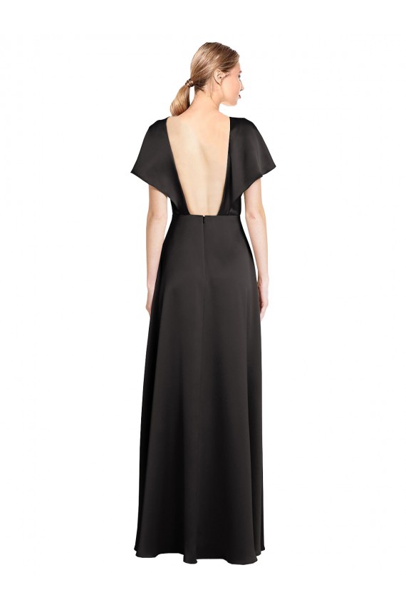 Cheap Cap Sleeves Open Back Long Stretch Satin Prom Dress