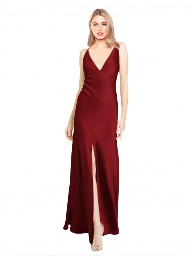 Cheap Floor Length Deep V-Back Stretch Satin Prom Dress with Front Slit