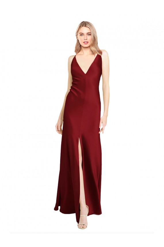 Cheap Floor Length Deep V-Back Stretch Satin Prom Dress with Front Slit