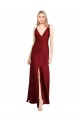 Cheap Floor Length Deep V-Back Stretch Satin Prom Dress with Front Slit