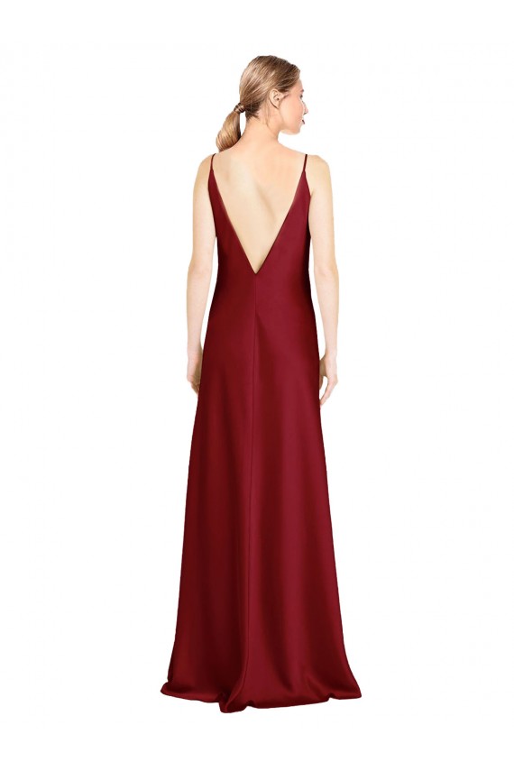 Cheap Floor Length Deep V-Back Stretch Satin Prom Dress with Front Slit
