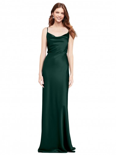 Cheap Fitted Cowl Neck Long Stretch Satin Slip Prom Dress with V-Back