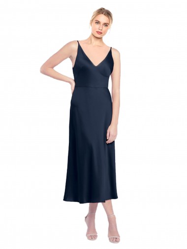 Cheap V-Neck Midi Length Short Stretch Satin Cocktail Prom Dress / Homecoming Dress V-Back