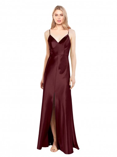 Cheap Sleek Spaghetti Straps V-Neck Stretch Satin Prom Dress with Center Front Slit