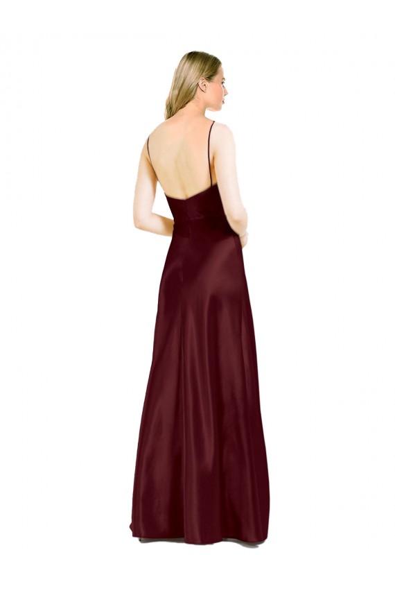 Cheap Sleek Spaghetti Straps V-Neck Stretch Satin Prom Dress with Center Front Slit