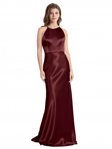 Cheap High Neck Halter Long Sleeveless Stretch Satin Prom Dress with Strappy Back