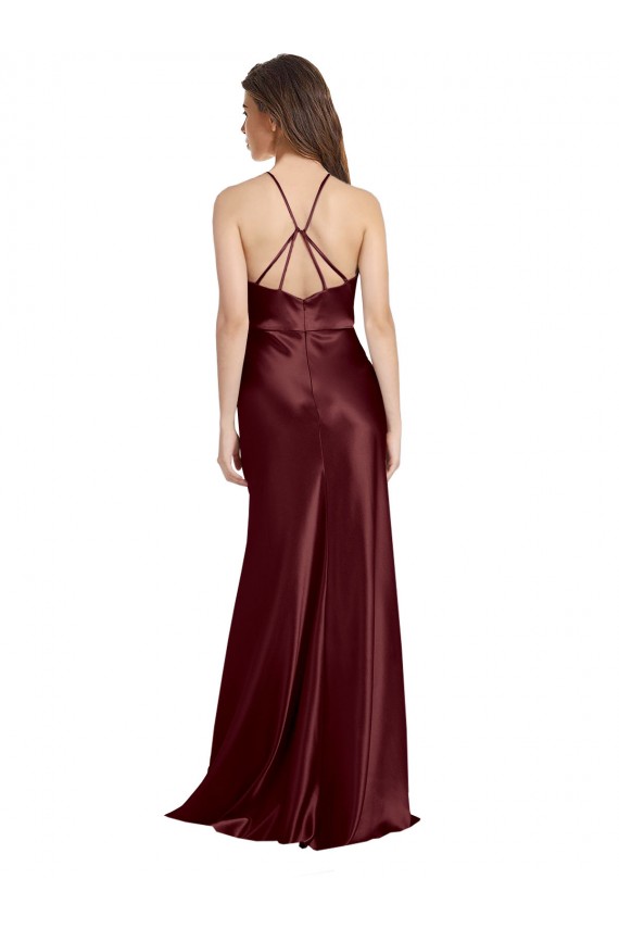 Cheap High Neck Halter Long Sleeveless Stretch Satin Prom Dress with Strappy Back