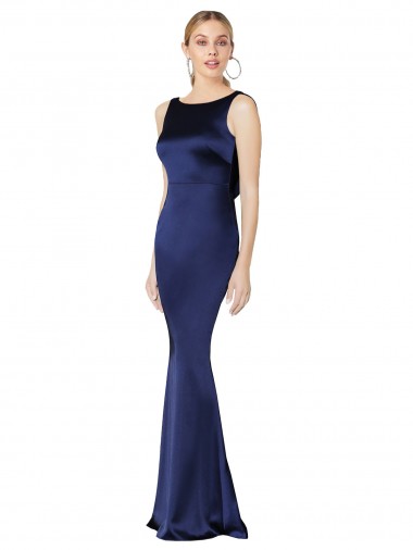 Cheap Sheath High Neck Stretch Satin Prom Dress Low Back