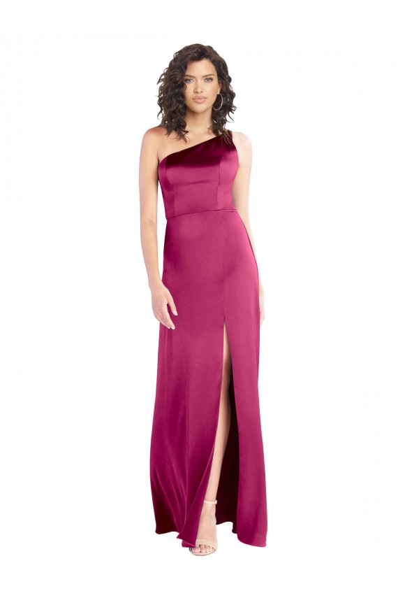 Cheap Sleek One Shoulder A-Line Long Stretch Satin Prom Dress with Spaghetti Straps Back