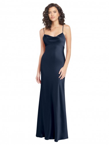 Cheap Cowl Neck Long Empire Waist Stretch Satin Prom Dress with Open Back