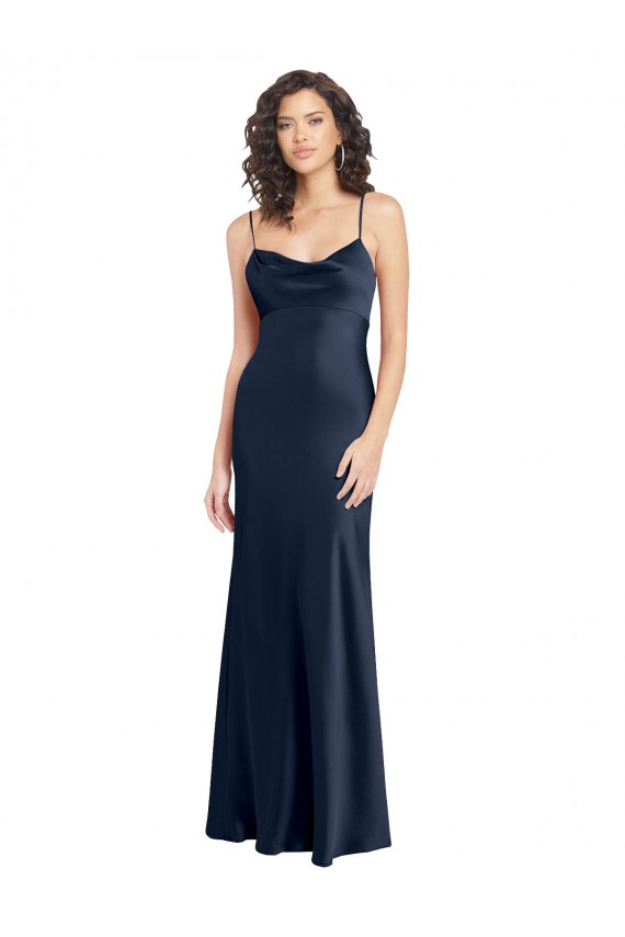 Cheap Cowl Neck Long Empire Waist Stretch Satin Prom Dress with Open Back