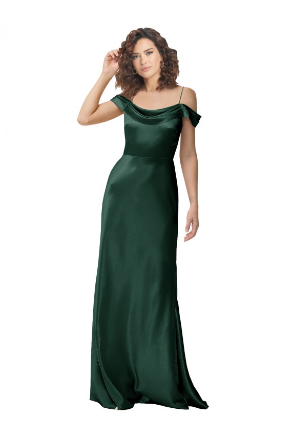Cheap Off the Shoulder Sleeves Long Stretch Satin Prom Dress with Pleated Draped Neckline