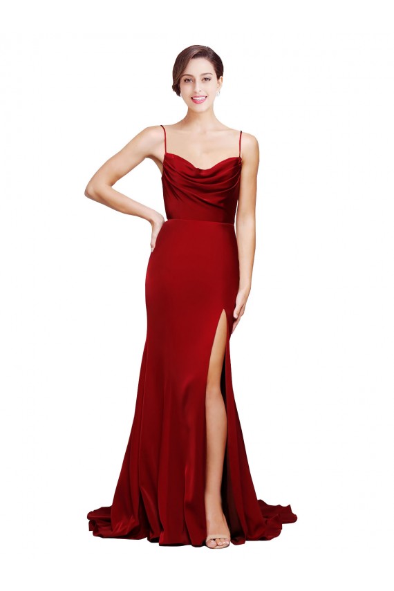 Cheap Cowl Front Neck Sweep Train Stretch Satin Prom Dress with High Side Split