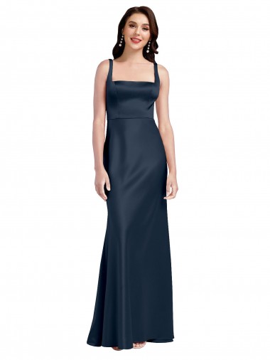 Cheap Square Neck A-Line Long Stretch Satin Prom Dress with Wide Straps