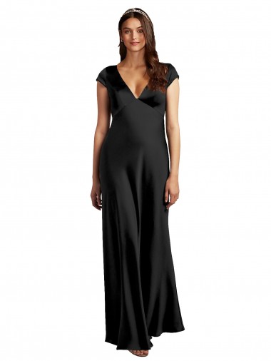 Cheap Plunging V-Neck Cap Cleeves Long Stretch Satin Prom Dress with Keyhole Back
