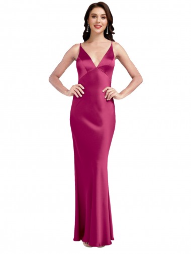 Cheap V-Neck Spaghetti Straps Slim Stretch Satin Prom Dress with Low Scoop Back