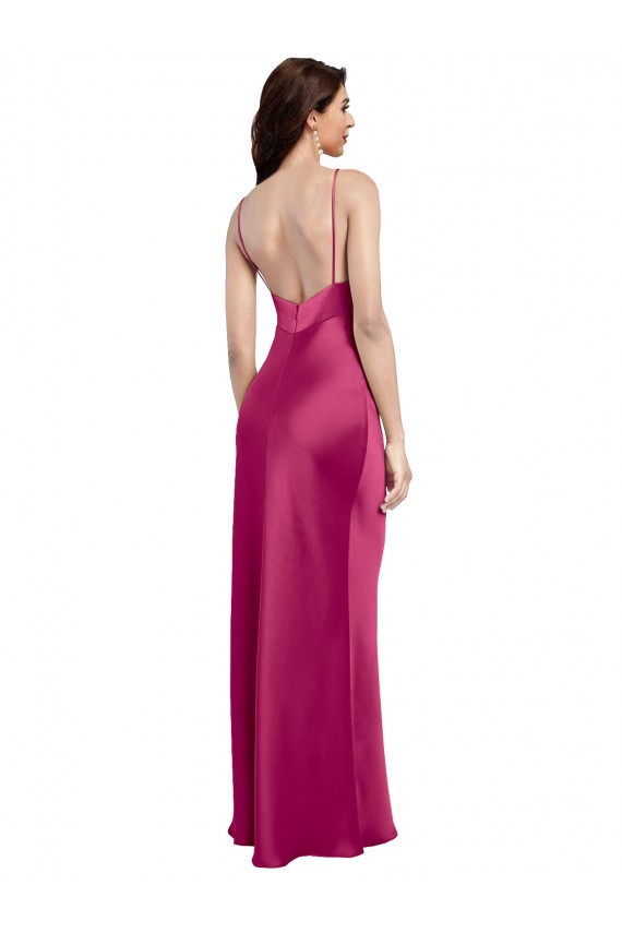 Cheap V-Neck Spaghetti Straps Slim Stretch Satin Prom Dress with Low Scoop Back